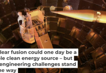 Inside the target chamber at the National Ignition Facility, where researchers work on getting higher energy outputs from fusion power. Lawrence Livermore National Laboratory, Lawrence Livermore National Security, LLC, and the Department of Energy − National Ignition Facility
